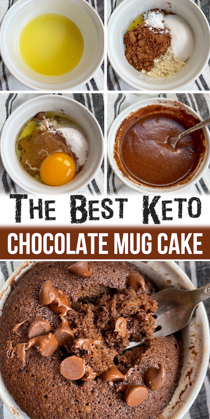 The best reviewed keto chocolate mug cake! A quick and easy low carb dessert for one person made with just a few pantry staples including almond flour, egg, baking powder, cocoa powder, butter, and chocolate chips.