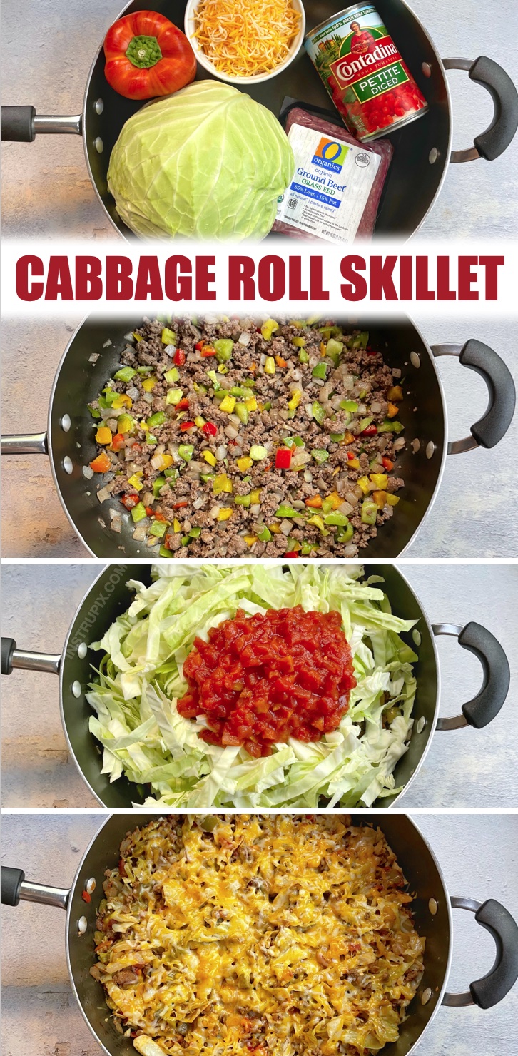 Cabbage Roll Skillet (Made With Ground Beef) | A super quick and easy keto dinner recipe! If you're looking for simple low carb meals to make, your entire family is going to enjoy this one pan meal. It's perfect for last minute dinners on busy weeknights. Serve with rice for the kids!