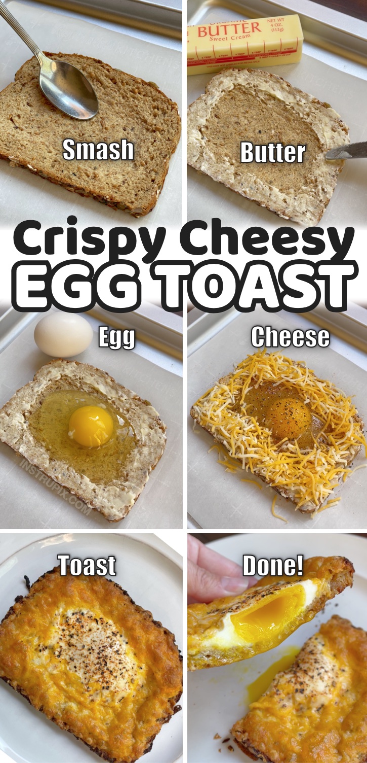 Cheesy Egg Toast | A quick, easy, and super fun breakfast idea for one person! Easy enough for kids to make before school. My teenagers love it! If you're looking for simple and cheap breakfast recipes, your search ends here. No baking or stove required! Just your toaster oven or regular oven. I almost always have the ingredients on hand, so my kids make this often on busy mornings. It's actually pretty healthy if you use a whole grain bread and serve it with avocado. The cheese gets so crispy and delicious. 