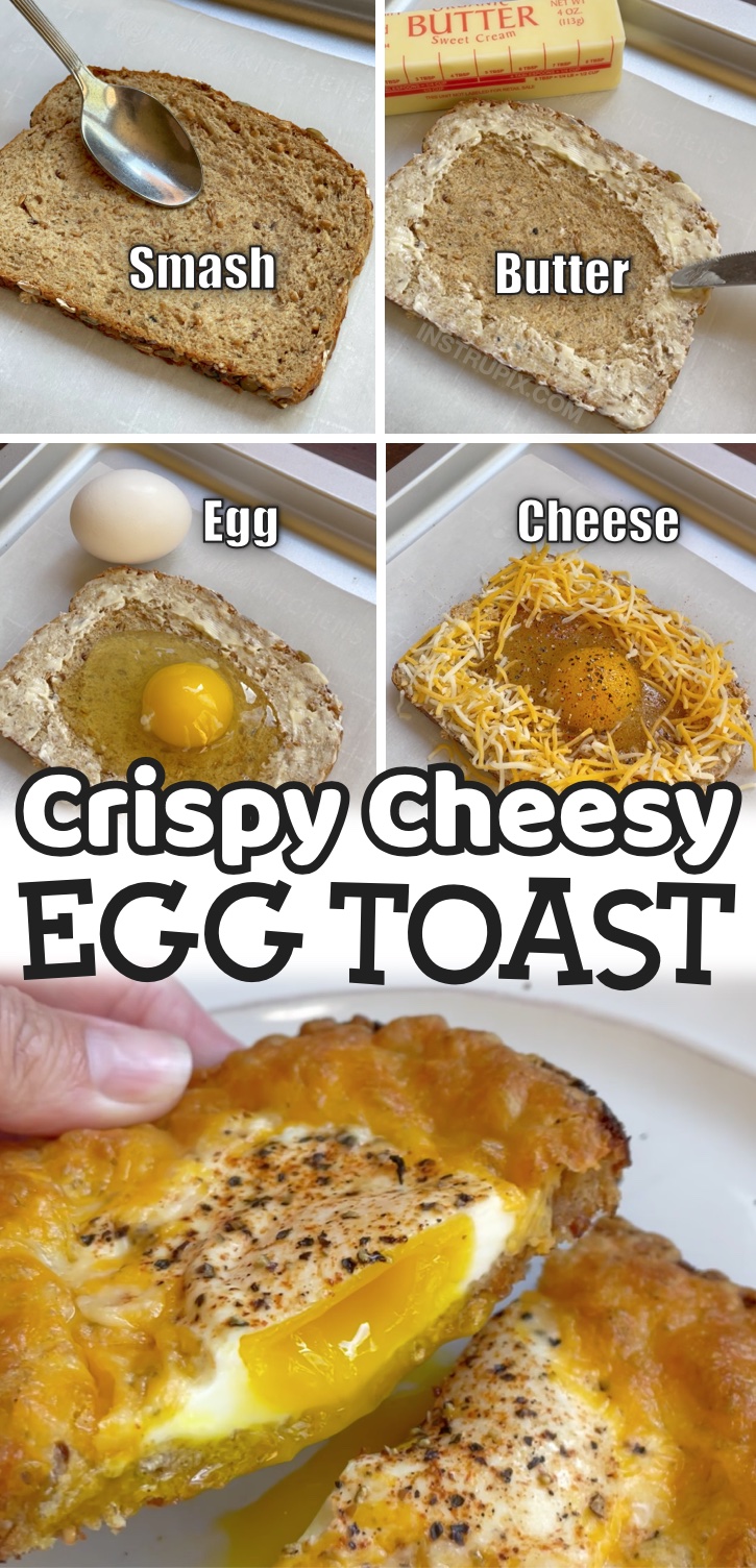 This cheesy egg toast is a super quick and easy breakfast idea using ingredients you probabaly already have at home: bread, egg, butter, and cheese. No baking or cooking required! Just your handy dandy toaster oven or even regular oven if you're making them for the whole family. This is a great recipe for feeding one person, but can also feed a large family. Up to you! I use a whole grain bread to make it healthy, and serve it with avocado if I have it on hand. It pairs well with the crispy cheese. 