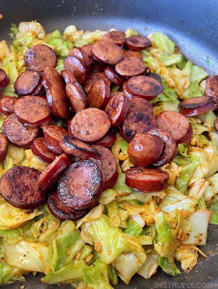 Keto Sausage & Cabbage Dinner Recipe (A super quick and easy one pan meal!) | If you're looking for healthy low carb dinner recipes, you've got to add this to your meal plan! It's perfect for busy weeknight meals. Super fast to throw together in just one pan!