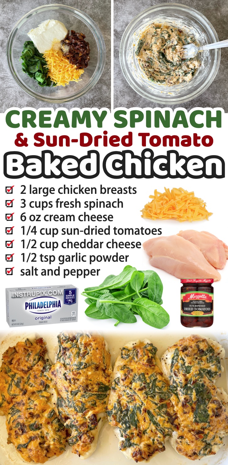 A quick and easy low carb dinner recipe even your family will love! Oven baked chicken topped with a yummy mixture of cream cheese, spinach, sun-dried tomatoes, cheddar cheese, and garlic. It's not easy finding keto friendly dinner recipes that my husband and kids will eat too, but thanks to cream cheese, oven baked chicken has never been more delicious! You can serve this rich and savory chicken with a side of pasta or rice for the kids or anyone not following a low carb diet.