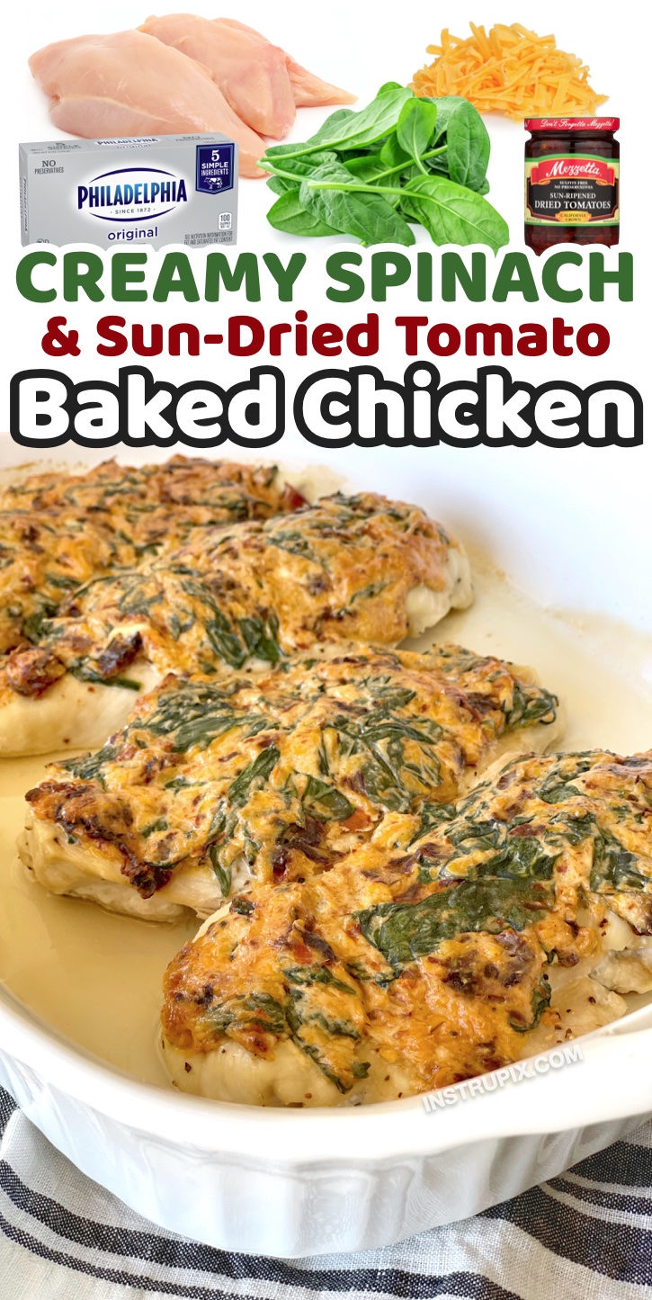 Cream Cheese Baked Chicken Breasts With Spinach & Sun-Dried Tomatoes | A quick, easy, healthy, and low carb dinner recipe for your family! It's not easy finding keto friendly meals that the entire family can enjoy, but even your kids will love this savory chicken recipe. Great for busy weeknight dinners because it's fast and simple to make in your oven. No grill required for the best chicken, ever!