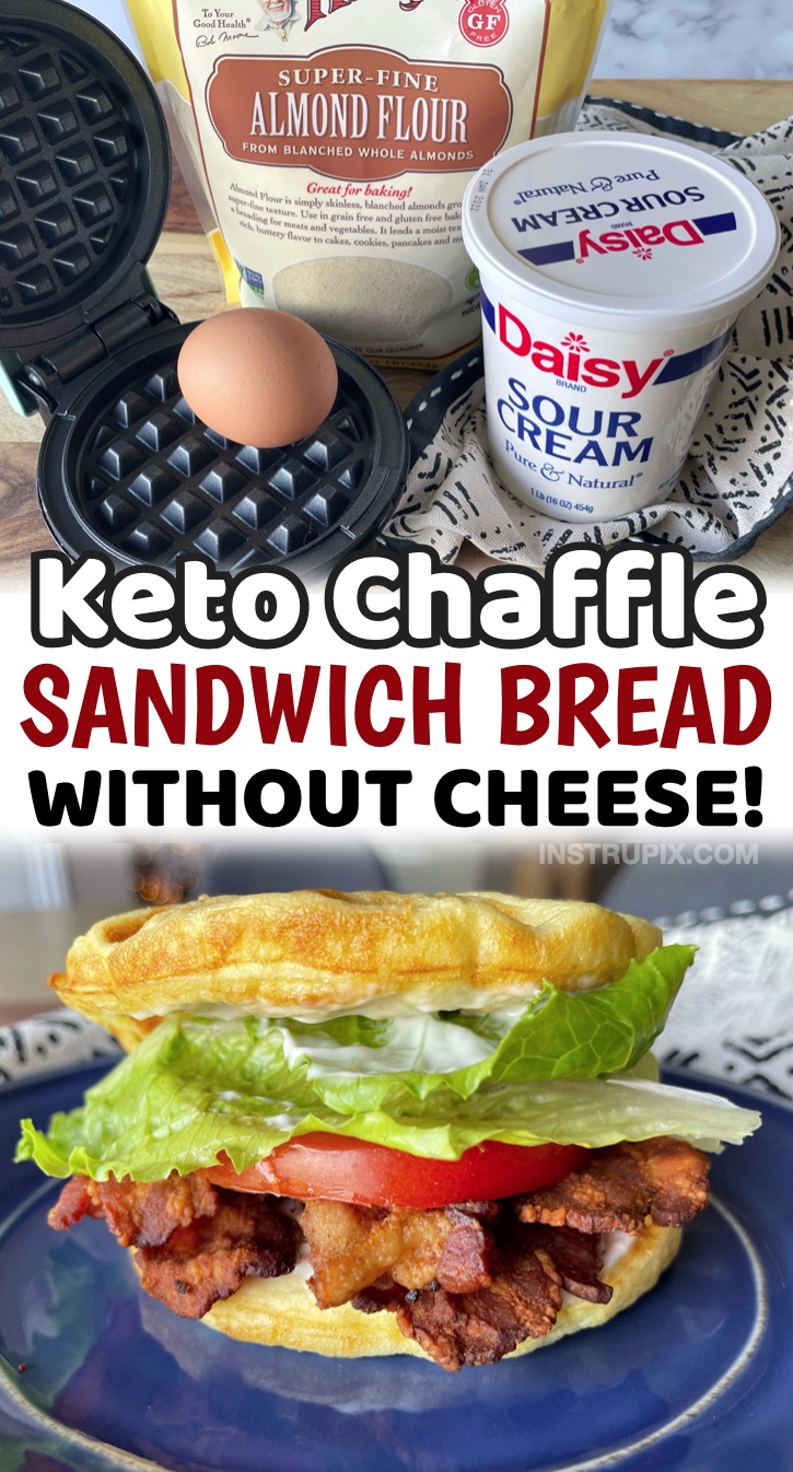 Keto Chaffle Made Without Cheese | The best low carb chaffles for sandwich bread and burger buns! Because you can only eat so much cheese. A less less greasy recipe made with just almond flour, sour cream, an egg, and baking powder. Soft and delicious! This keto bread is perfect for making BLT's, deli meat sandwiches, or even used as burger buns. A total diet saver when you miss eating bread. These are so fast to make in a mini waffle maker, so no need to plan ahead. Great for last minute lunches and dinners!