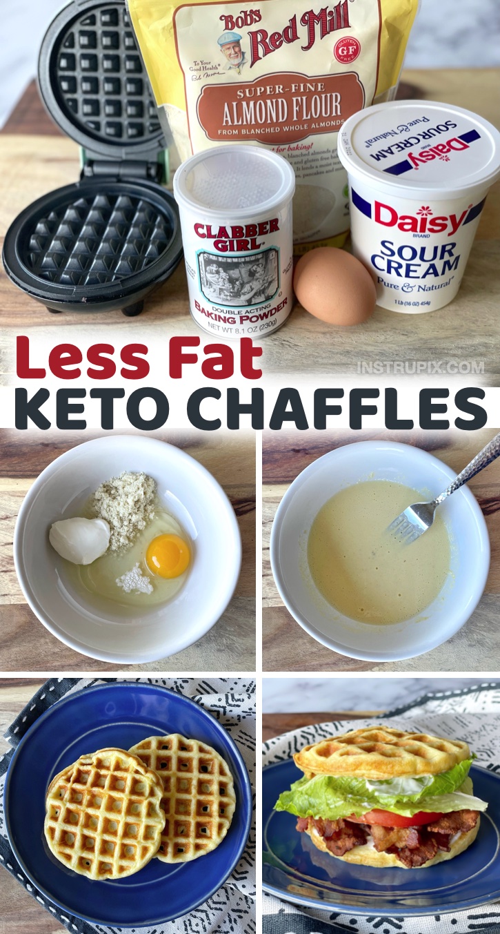 Less Fat Keto Chaffles Without Cheese | The quick and easy way to make keto sandwich bread, burger buns, and breakfast waffles! Less grease and fat! Great for last minute low carb meals. So simple to make in your mini waffle maker with almond flour, sour cream, egg, and baking powder.