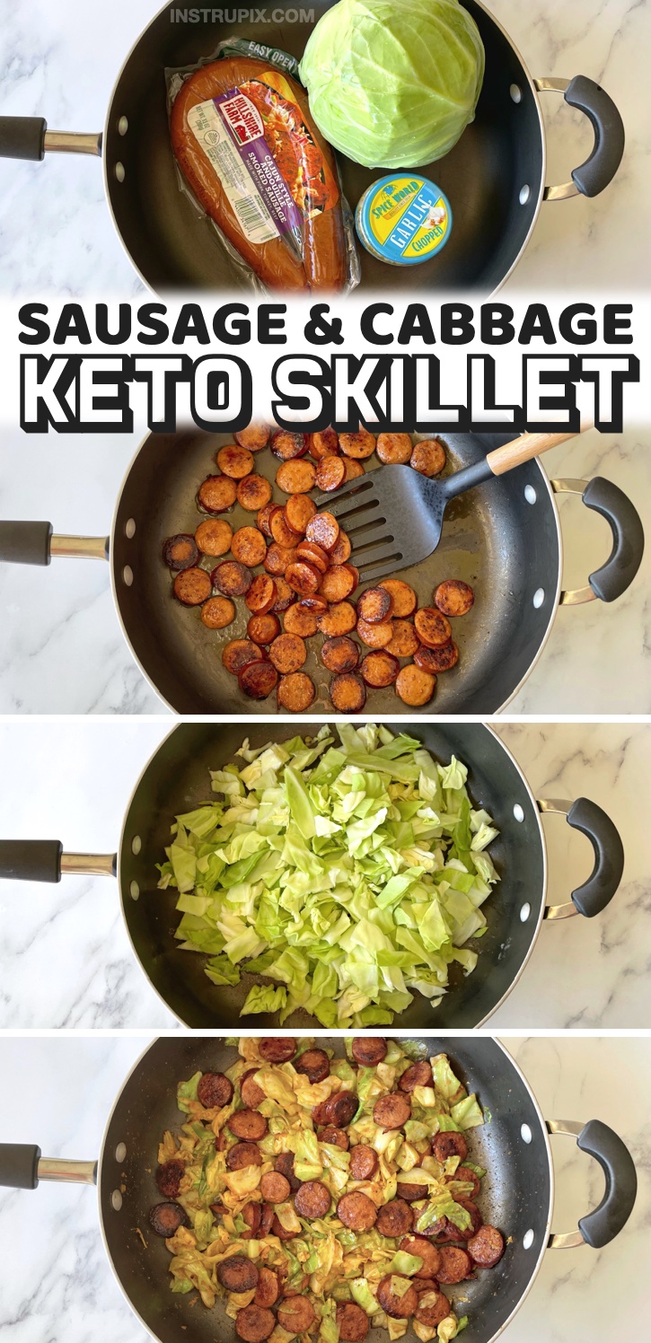 Easy Keto Sausage & Cabbage Dinner Skillet | If you're looking for quick and easy last minute low carb meals, you've got to add this one pan dinner to your meal plan! It's perfect for busy weeknights when you're tired and hungry. It's also healthy and packed full of fiber and protein! And, no cheese! You can make it dairy free by using oil instead of butter, too. 