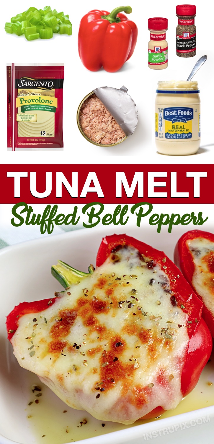 Keto Tuna Melt Stuffed Bell Peppers | A quick, easy and healthy low carb dinner idea for one! Keto friendly and packed full of protein and fiber. This is a great last minute, simple lunch or dinner recipe for one person. Fast to make in the oven in less than 15 minutes. 