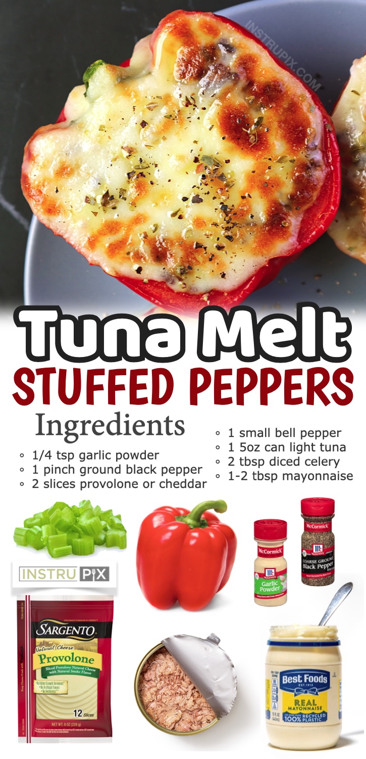 Keto Tuna Melt Stuffed Bell Peppers | A super easy, low carb, and healthy dinner idea for one! If you’re looking for fast keto dinner ideas, you’ve got to try this simple low carb version of a tuna melt. Crunchy bell peppers make the perfect little bowls for the creamy and delicious tuna stuffing. Top them with cheddar or provolone cheese and bake for 10-15 minutes in your oven. Super quick, healthy, and tasty! Just a few ingredients including canned tuna, mayo, celery, cheese, and seasoning. Great for busy weeknights! 