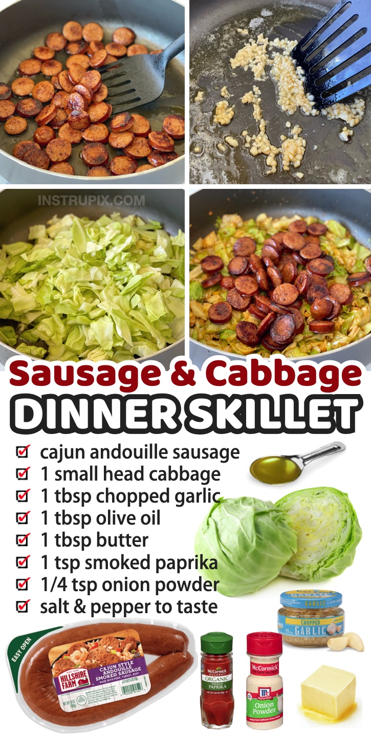 If you're looking for keto dinner recipes to add to your weekly meal plan, you've got to try this quick and easy sausage and cabbage skillet! It's made with just a few cheap ingredients and is super fast to make on busy weeknights. It's perfect for serving two people, even my non keto husband loves it! It's healthy, low carb, and packed full of flavor.