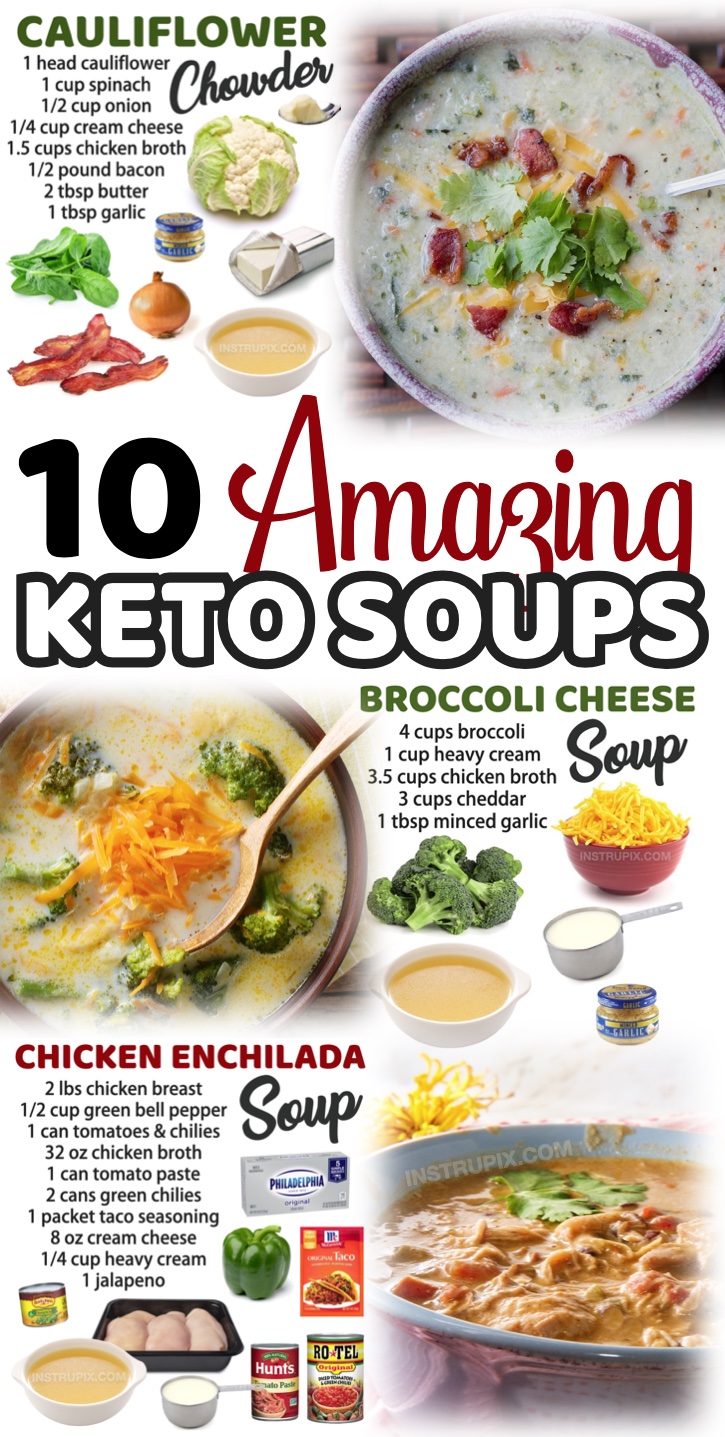 10 Keto Soup Recipes | I'm always looking for easy keto dinner ideas, and soup is the way to go! It's excellent leftover so you can get quick low carb meals out of it all week. And it's freezable so it's great for meal planning if you're on a ketogenic diet. This list of yummy soup recipes includes everything from chicken and ground beef to sausage and vegetarian ideas. Some serious comfort food! Even your family will enjoy them as they don't taste low carb. Cook them on your stovetop, slow cooker, or Instant pot. 