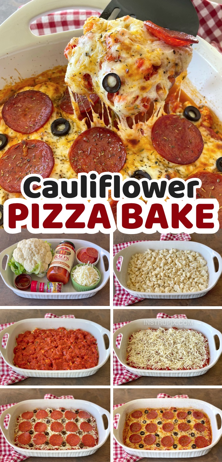 Cauliflower Pizza Casserole | A super quick and easy low carb dinner idea! I'm always looking for keto friendly meals that my entire family can enjoy, and even my picky eaters love this pizza inspired casserole! It's simple to make with just a few cheap ingredients including a head of cauliflower, marinara, mozzarella, and the pizza toppings of your choice like pepperoni. It's perfect for busy school night meals! Great leftover for lunch the next day, too.