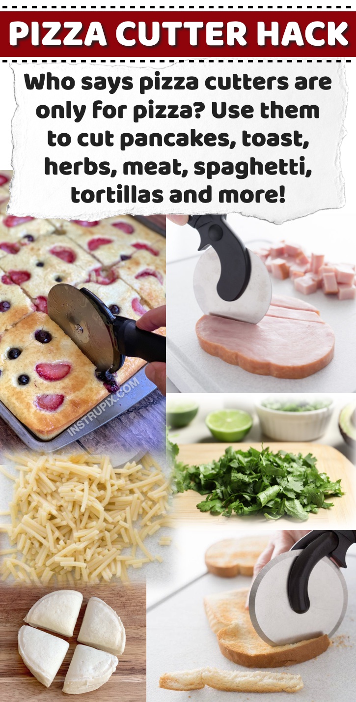 Genius Kitchen Tips & Tricks Your Mom Never Told You | A list of helpful cooking and food hacks! Everything from time saving tips to ways to cut down on cleaning dishes. #9 Use a pizza cutter for cutting all kinds of food from pancakes and toast to herbs and meat. 