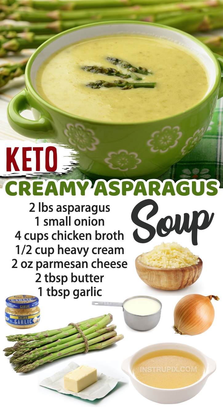 Keto Creamy Asparagus Soup | My 10 favorite low carb soup recipes for dinner! These are all quick and easy to make with simple ingredients like broth, fresh veggies, cream cheese, garlic, butter, etc. Great for meal planning on a keto or low carb diet. 