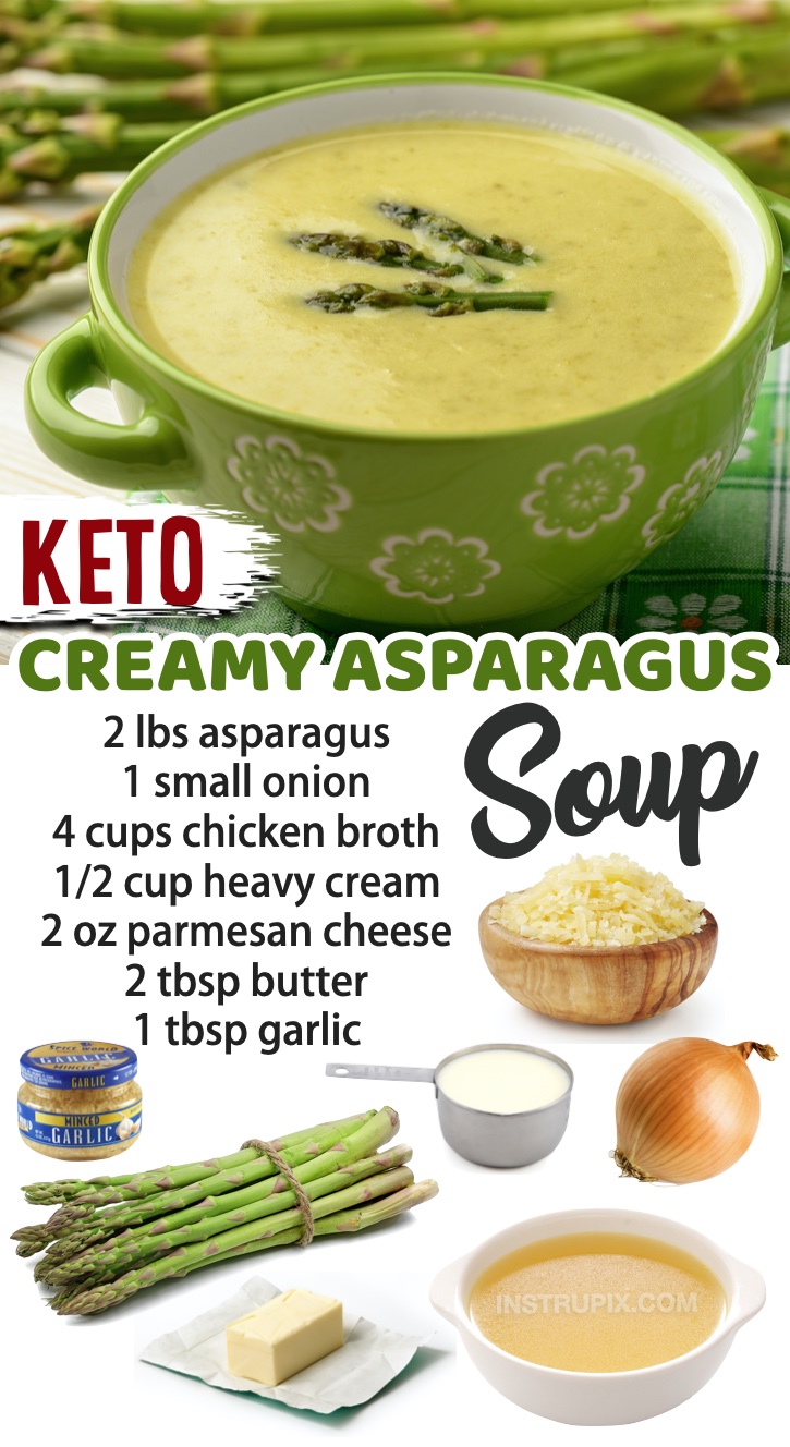 Keto Creamy Asparagus Soup | My 10 favorite low carb soup recipes for dinner! These are all quick and easy to make with simple ingredients like broth, fresh veggies, cream cheese, garlic, butter, etc. Great for meal planning on a keto or low carb diet.