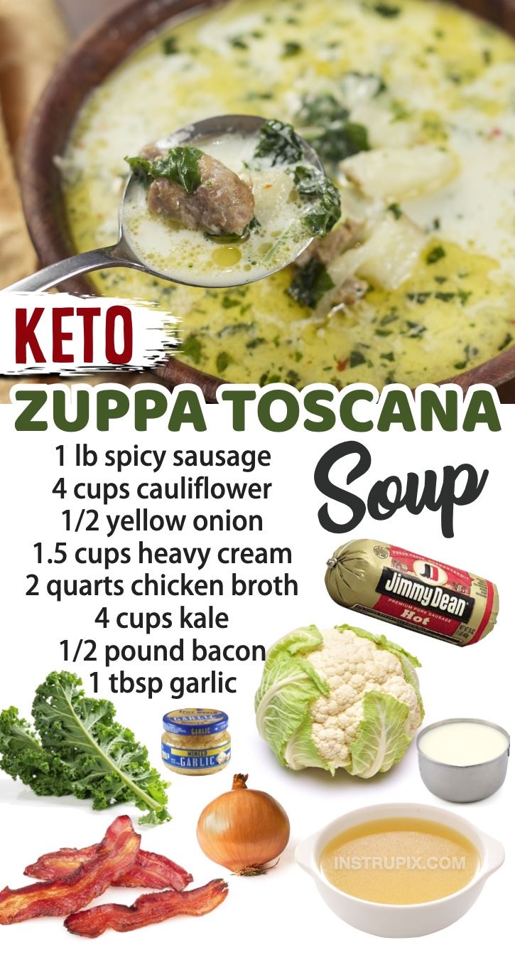 Keto Zuppa Toscana Soup (Made with sausage, kale, and cauliflower in chicken broth!) | Seriously, the best keto soup recipes for dinner! So delicious but healthy and low carb. Great comfort food for the cold winter months when you're trying to lose weight.