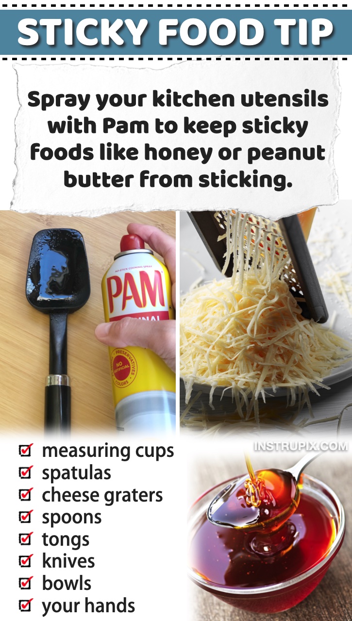 Helpful Food Tips & Tricks | A list of genius kitchen and cooking hacks! #7 Use non-stick spray to keep sticky foods like honey or peanut butter from sticking. 