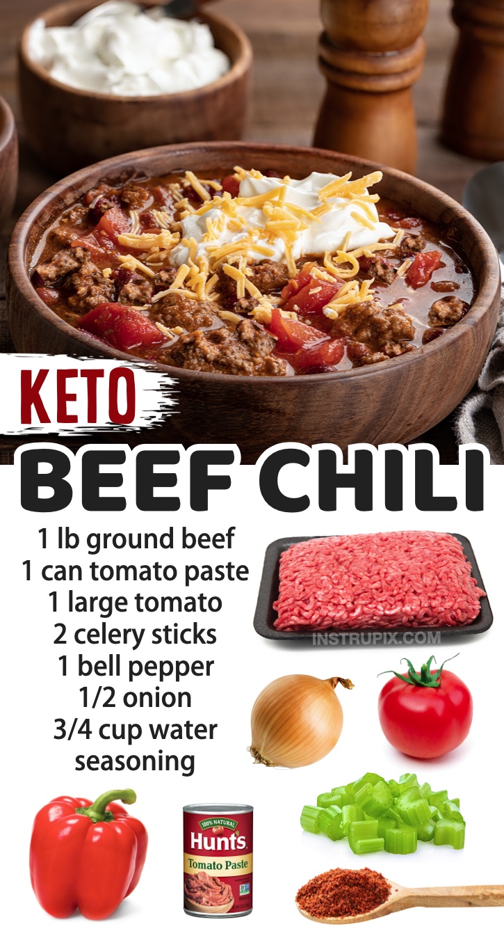 Easy Keto Chili Recipe (With Ground Beef) | A list of quick and easy keto soup recipes for dinner! These are all simple to make for busy weeknight meals. Top them with low carb ingredients like sour cream and cheese. So yummy!