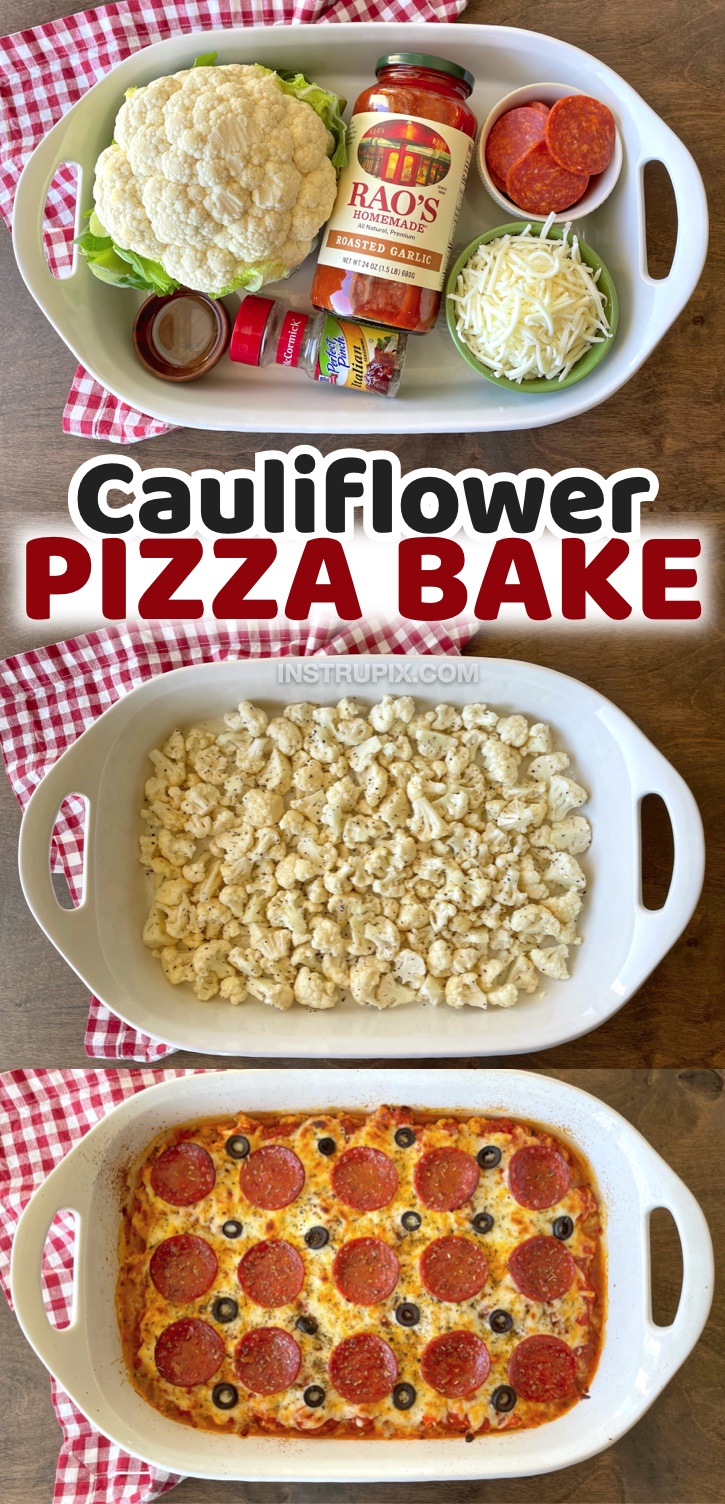 Quick & Easy Cauliflower Pizza Casserole | A low carb, healthy, and keto friendly dinner recipe your entire family will love! Even my picky kids scarf it down. I suppose you put pepperoni on just about everything and it tastes just like pizza. My husband always goes back for seconds! This is my favorite last minute dinner recipe for busy school nights when I'm too lazy to spend all night in the kitchen cooking and doing dishes. Excellent leftover for lunch or dinner the next day, too!