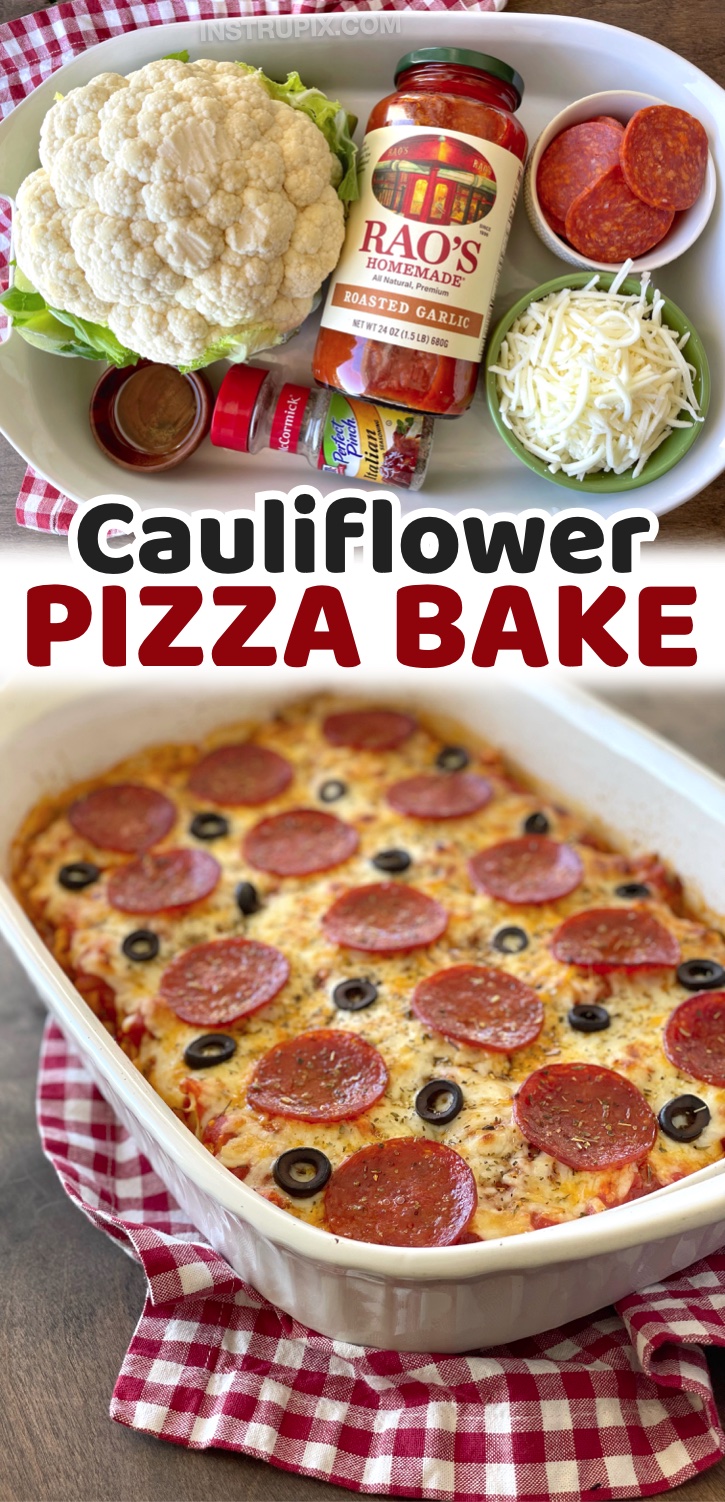 Keto Cauliflower Pizza Casserole | Super quick and easy to make with just a few ingredients! It's healthy, loaded with vegetables, diabetic friendly, and totally guilt free. Everything gets thrown into just one pan which requires very little prep and clean up. A family favorite low carb dinner recipe! Even my kids scarf down this pizza inspired veggie casserole bake.