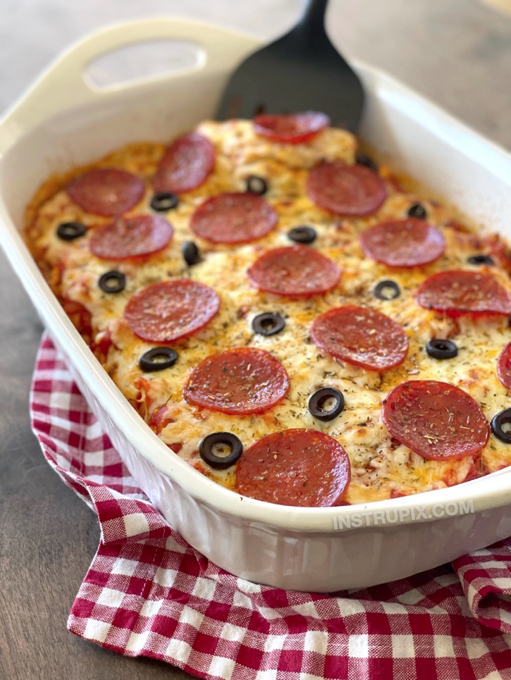If you're searching for quick and easy low carb dinner recipes, your search ends here! This cauliflower pizza casserole is absolutely heavenly and loved by my entire family, including my picky eaters. It's not easy finding keto friendly meals that my entire family can enjoy, but this baked casserole is always on our dinner rotation. It's healthy and totally guilt free! Top it with the pizza toppings of your choice. You could even make it vegetarian topped with lots of veggies.