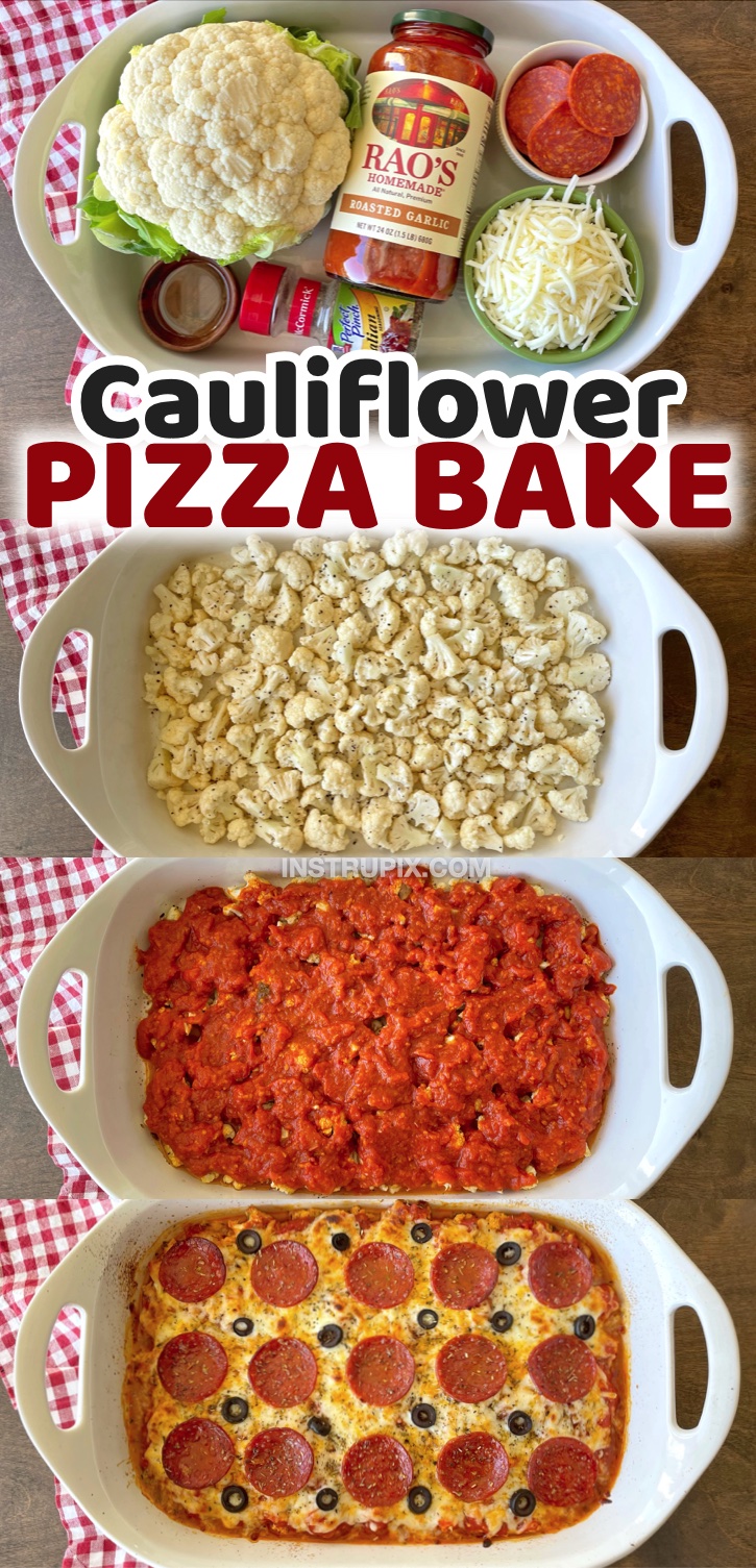 Easy Low Carb Cauliflower Pizza Casserole (With Pepperoni) | A super delicious keto friendly dinner recipe! I'm always searching for quick last minute meals to make my picky family, and this baked cauliflower casserole dish is amazing! Super cheap to make with just a head of cauliflower, marinara sauce, mozzarella cheese, and pizza toppings like pepperoni, olives, mushrooms, etc. This is on our regular dinner rotation. Great for meal planning!