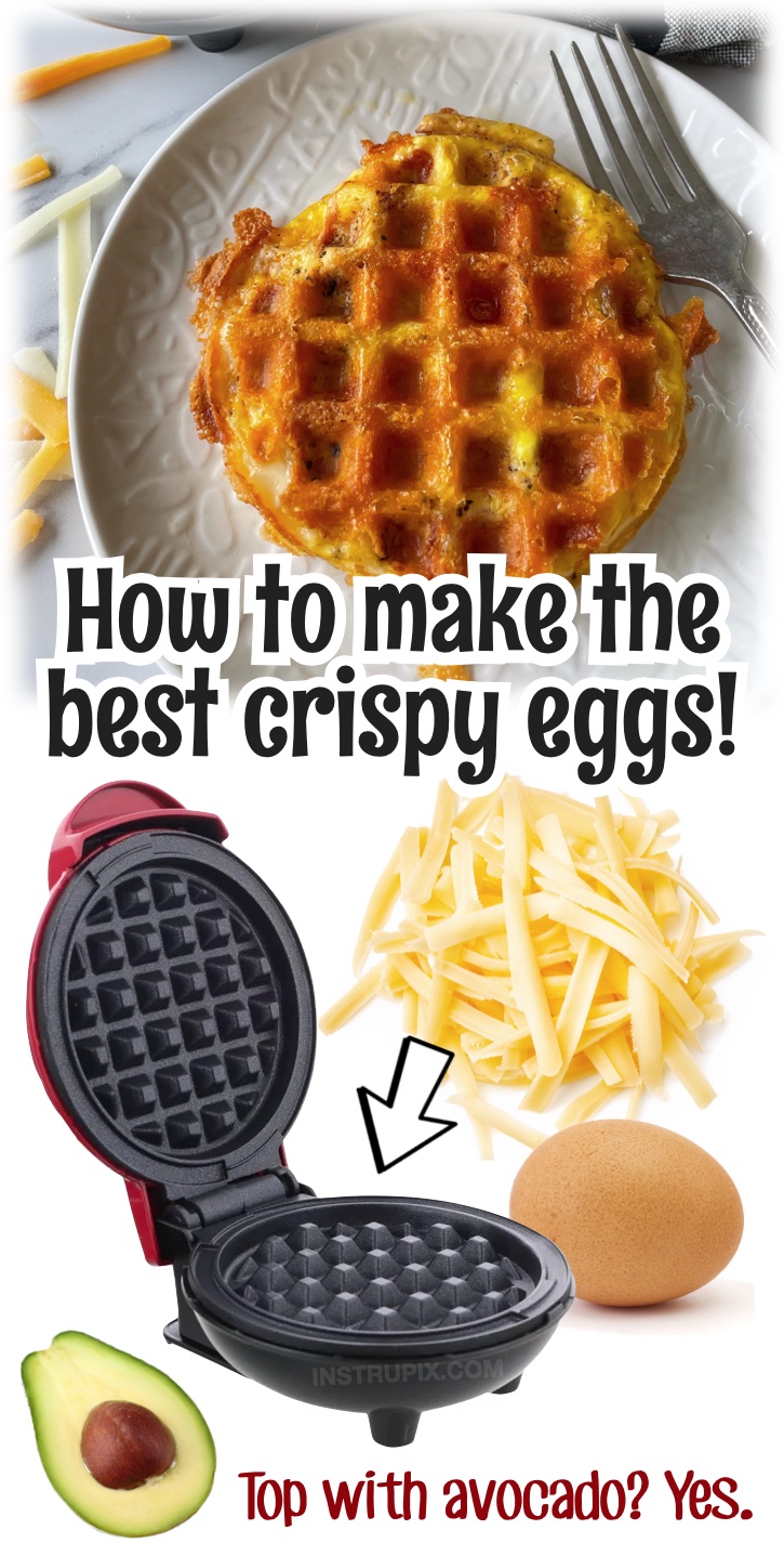 I don't even like eggs, but these crispy eggs are amazing! Thanks to the cheddar cheese, these egg waffles get super crispy. Season them however you'd like with garlic powder or pepper. This is basically a really low carb toast! Perfect for serving with avocado. My kids love making these, and they are super quick and easy for busy school mornings. If you're tired of eating fried or scambled eggs, you've got to try this little food hack for breakfast, and mini waffle makers only cost about ten bucks!