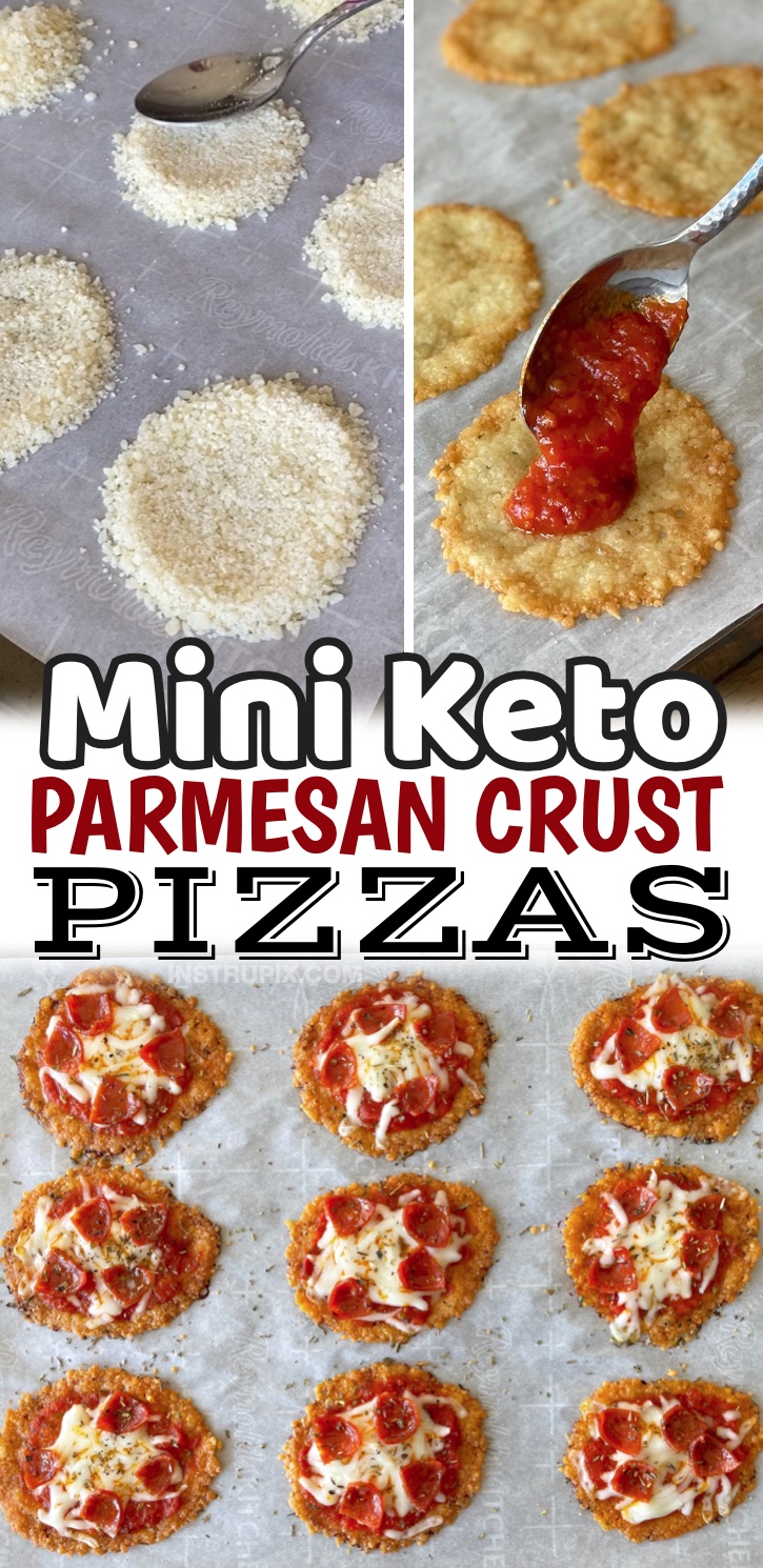Mini Keto Parmesan Crust Pizzas | Super crispy and delicious! These little pizzas are quick and easy to make with just a few simple ingredients. The crust is made with just grated parmesan, and only take a few minutes to make! A fun low carb snack idea or even fast meal for lunch or dinner. It doesn't get any easier than this. Top with a little bit of sauce and pepperoni. Yummy!