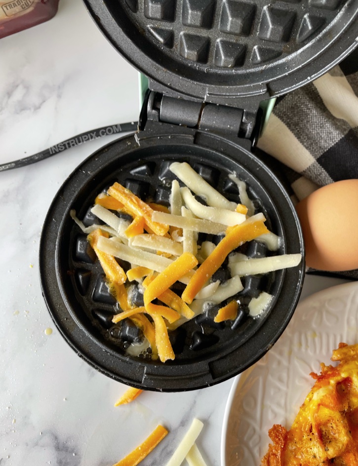 How to make eggs in your mini waffle maker. They get so crispy this way! My kids love them, and they are the perfect serving for one. 