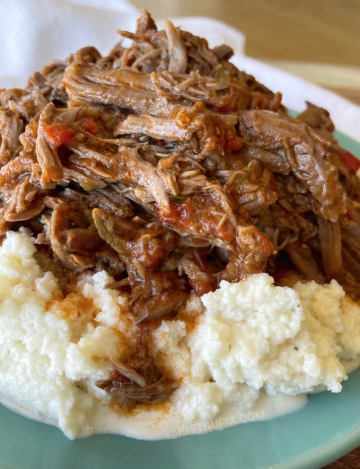 Looking for easy family dinner ideas? This 2 ingredient salsa pot roast is simple to make in your slow cooker! Just a beef chuck roast and a jar of salsa. It's naturally low carb and keto but versatile for the whole family. Serve with mashed potatoes or cauliflower! Seriously, The BEST pot roast!