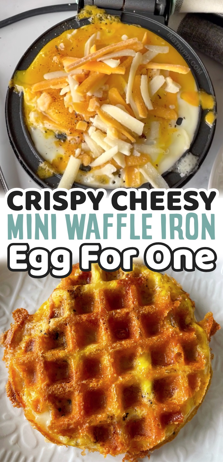 Quick and easy breakfast idea for one person! This crispy and cheesy egg is so simple to make in a mini waffle maker. It's perfect for busy mornings, and easy enough for kids to make! It's also naturally low carb and keto friendly. Even if you don't like eggs, you're going to love this creative and fun way of making them. This is seriously my new favorite breakfast! I love the toasted cheese all around the edges. 