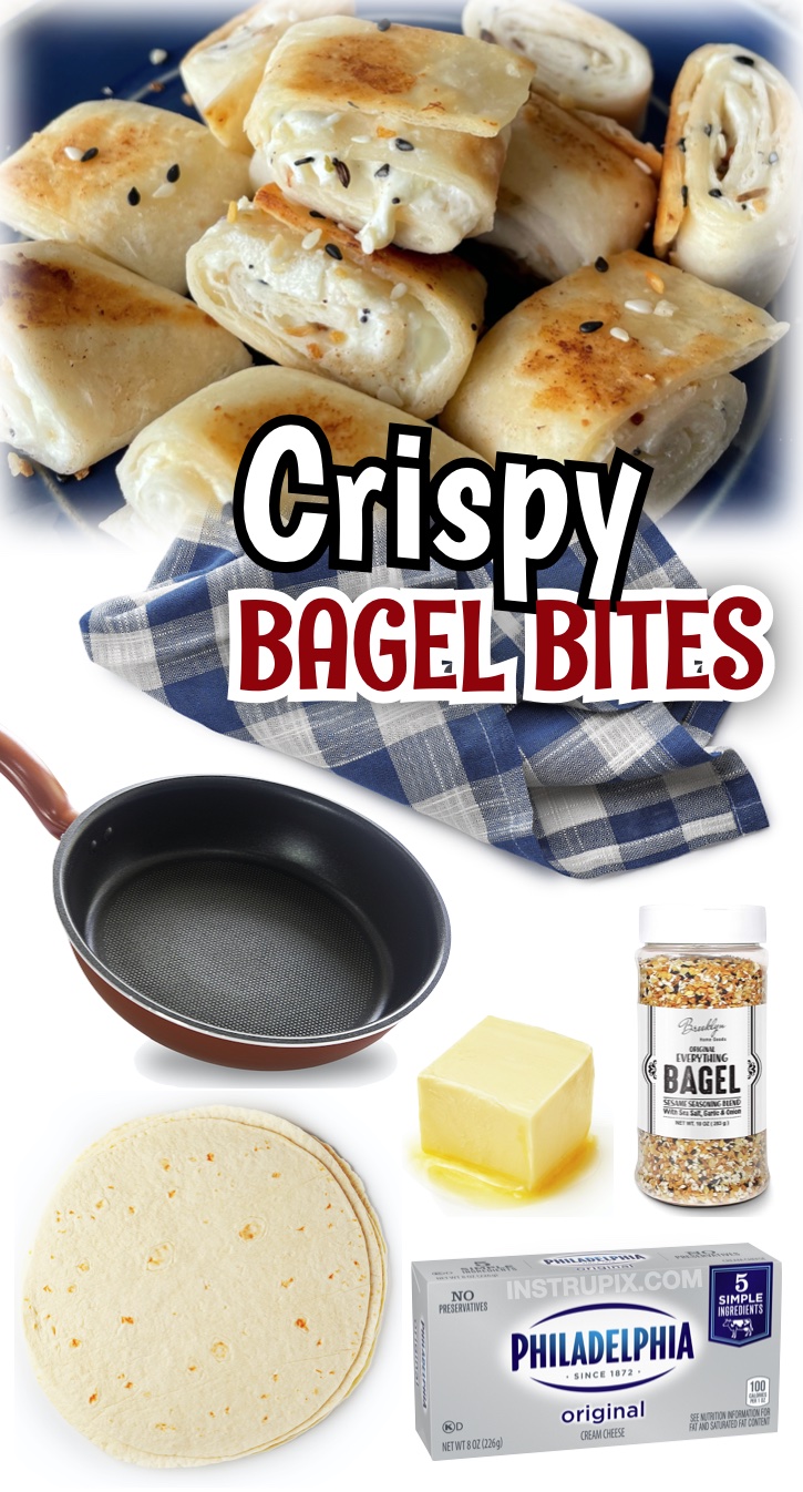 Crispy Bagel Bites | A super fun and easy snack or quick breakfast idea! These little bagel bites don't actually have any bagels involved, just flour tortillas, cream cheese, butter, and everything bagel seasoning. My kids love making these! I make them for breakfast on busy school mornings, but they also love them as an after school snack. You can also use low carb tortillas if you're on a diet. They are creamy on the inside with a buttery and crispy outside that is irrisistable! Just cut and pan fry with butter.