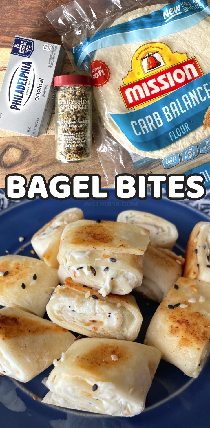 Crispy Bagel Bite Snacks | A fun and easy snack or even last minute breakfast idea! These pinwheels are super quick to make. Just fry them up in a pan with a little butter, and bam! A crispy outside with a savory and creamy center. My kids love them! You can even use low carb tortillas if you'd like. They only take about 5 minutes to make, and they are the best little finger food. 
