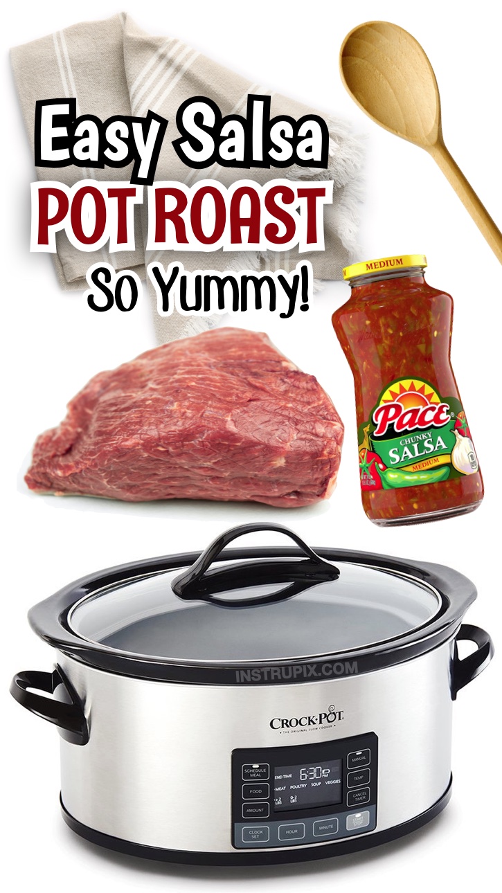 Salsa Pot Roast Dinner | A super easy slow cooker dinner idea! If you have a hungry family to feed, you've got to try this amazing beef pot roast. You won't believe how good it is! Just use your favorite jar of store-bought salsa and a beef chuck roast. You can also season it with garlic and salt. I was so shocked at how tender and flavorful this was for having such simple ingredients. We served it over mashed cauliflower to keep it low carb, but you can serve it with just about any side dish. My picky kids loved it!