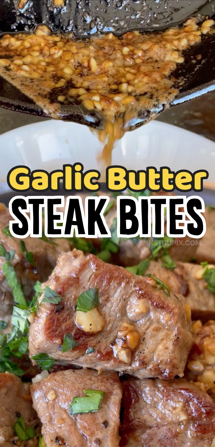 Garlic Butter Steak Bites | A quick and easy way to make steak in a cast iron skillet! Naturally low carb and keto friendly, especially if you serve it with a healthy side dish like cauliflower rice. Your entire family will approve! This steak is full of flavor and made with just a few simple and basic ingredients.