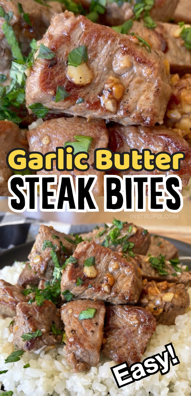 The Best Garlic Butter Steak Bites (made on your stovetop in a cast iron skillet!) | If you're looking for easy low carb dinner ideas, steak bites are super fast and simple to make. Serve over a bed of cauliflower rice for the easiest keto meal you'll ever make. My entire family loves this recipe! 