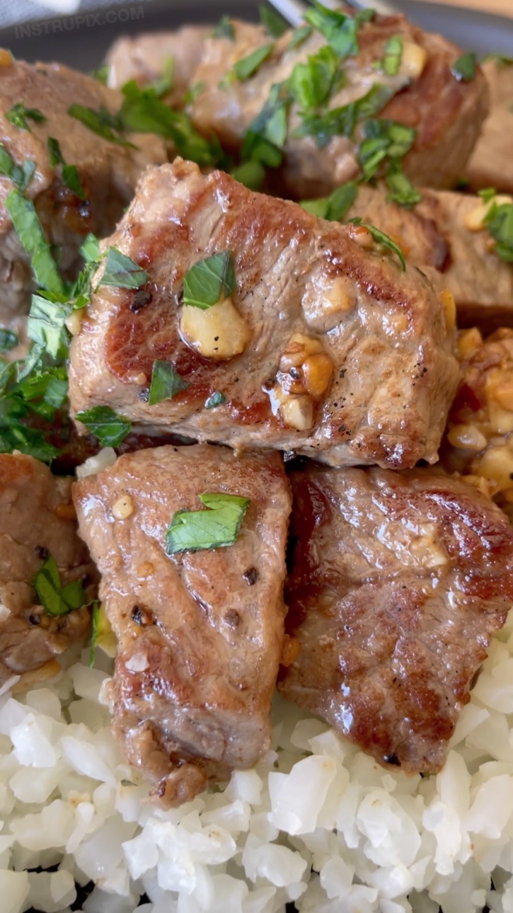 Juicy steak bites with garlic butter! If you're looking for quick and easy low carb meals to make, steak is super simple to make in a skillet on your stove top. A cast iron skillet is best, but any pan will work. This only takes about 5 minutes to make! Serve with a side of frozen cauliflower rice for the most simple and keto friendly weeknight meal. 