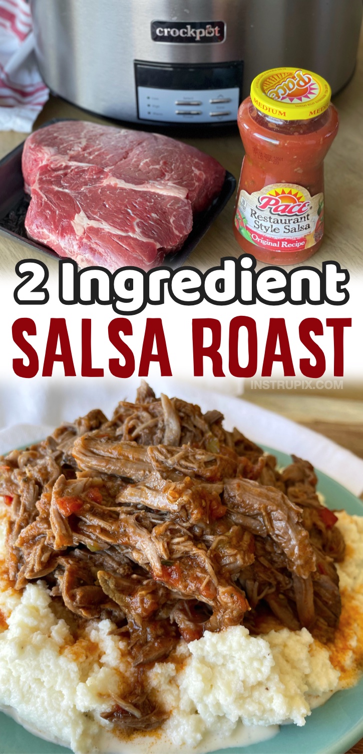 The Best Slow Cooker Pot Roast... made with just a jar of salsa! A super easy family dinner recipe even your picky kids will gobble up. It's naturally low carb and keto, but you can serve it with mashed potatoes or rice for the rest of the family. I eat it with cauliflower mash! Seriously, my favorite simple and cheap meal to make. It's effortless!