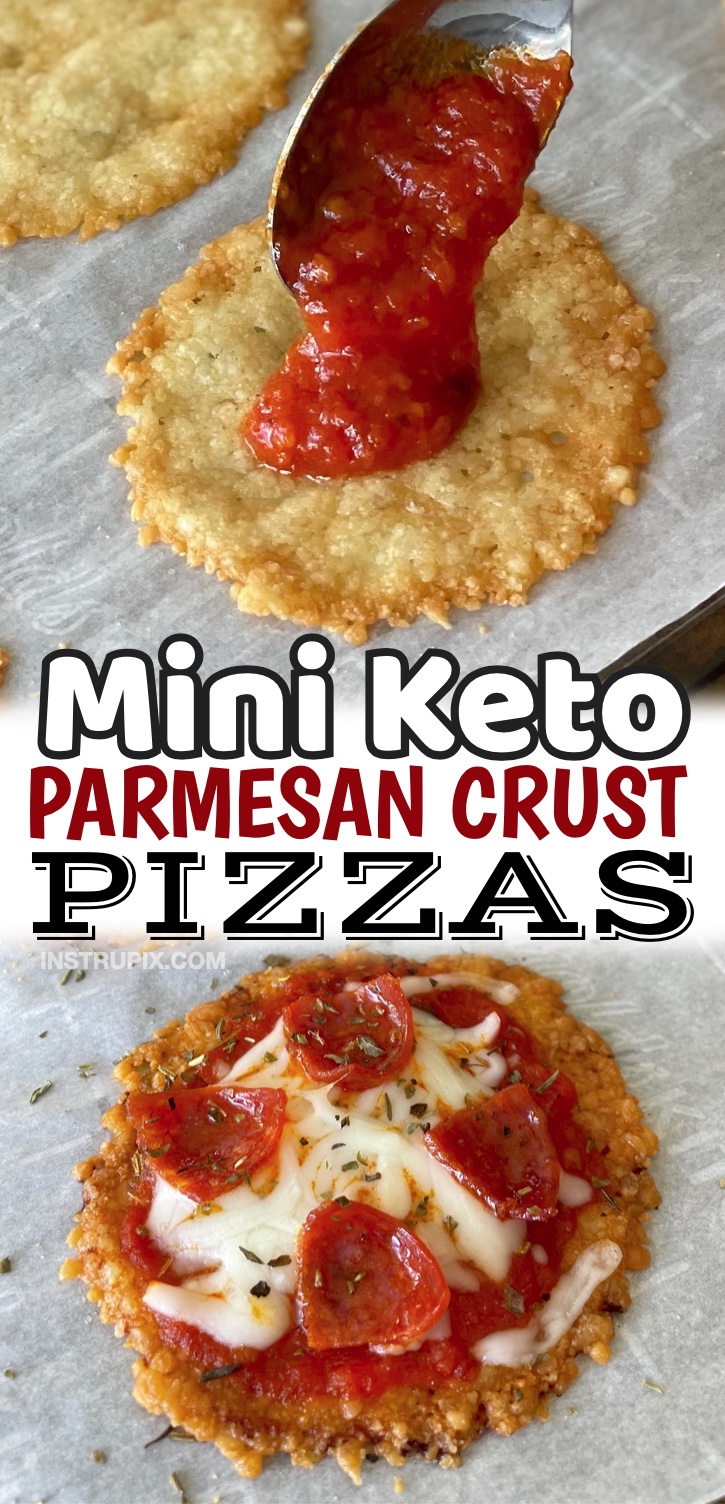 Crispy!! These keto mini parmesan crust pizzas are really quick and easy to bake in your oven in less than 15 minutes. Such a wonderful snack when you're on a low carb diet! Filling enough to be a meal, too. We make these on the weekend with caesar salad for lunch or dinner. They are crunchy, salty, savory and everything you want when you're craving something delicious! No flour needed here, and naturally gluten free!