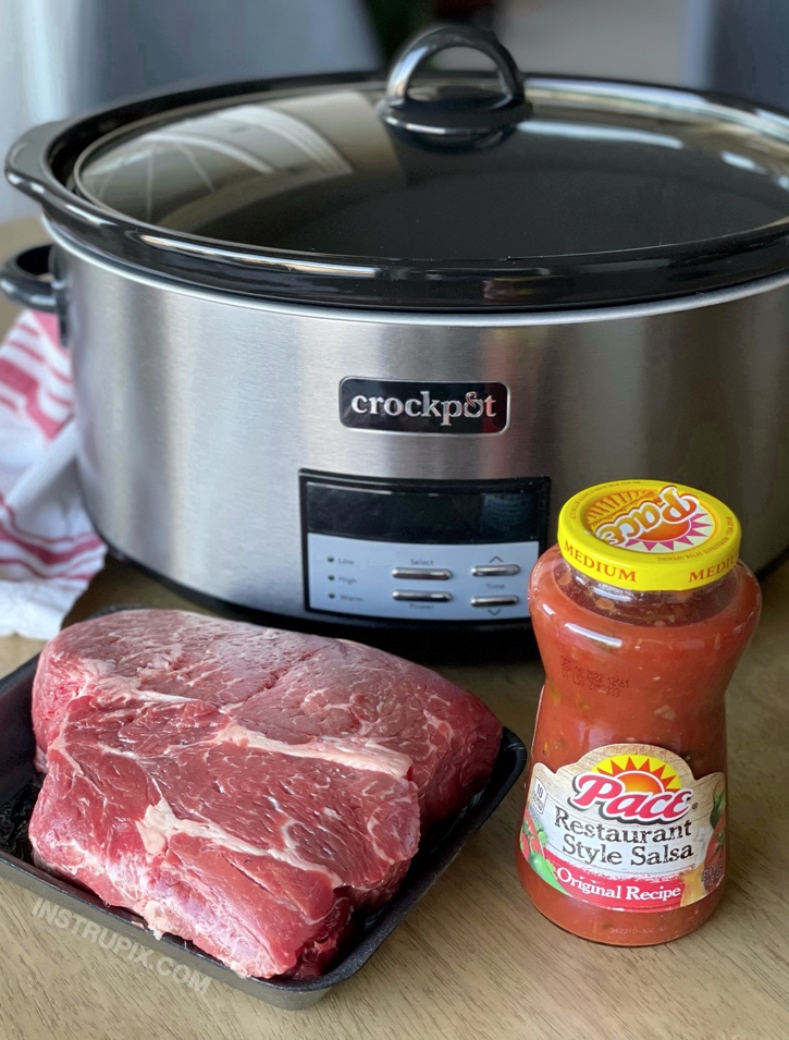 2 Ingredient Salsa Pot Roast | The easiest dinner you'll ever make thanks to your slow cooker! Just dump everything into your crockpot, and bam! Your entire family will be full and happy. Even my picky eaters gobble up this tender shredded beef. Serve over mashed potatoes or cauliflower mash if you'd eating low carb. 