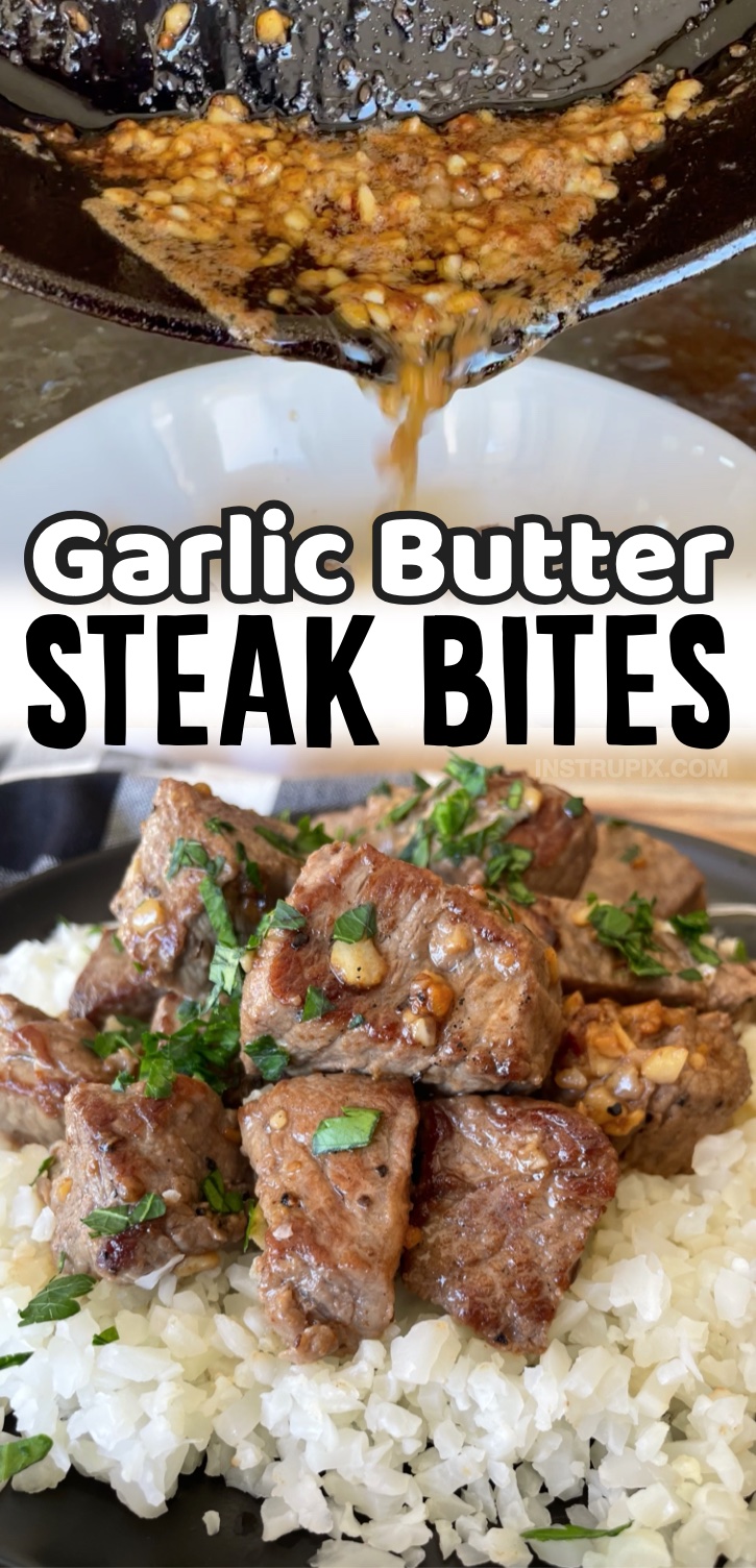 How to make the best steak in a cast iron skillet! These garlic butter steak bites are a quick and easy dinner idea for your entire family. They're naturally low carb and keto but insanely delicious! Serve with a healthy vegetable side dish like cauliflower rice. 