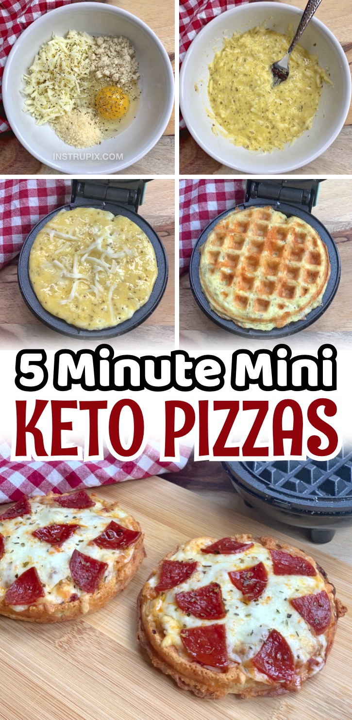 Easy Keto Pizza Dough | How to make mini keto pizza crust in your mini waffle maker! It seriously takes 5 minutes to make the crust, then you top them with sauce, cheese, and pepperoni and throw them in the oven for a few minutes. This is my favorite last minute dinner! I always have the ingredients on hand: almond flour, mozzarella cheese, parmesan, and egg. This makes 2 small pizzas, perfect for serving one person for dinner. Super filling, too! Even my picky has no idea that they are low carb and protein packed.