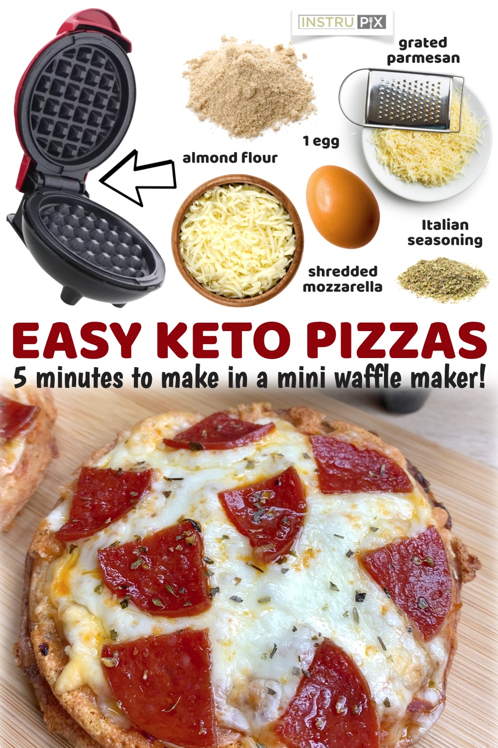 Quick and easy mini keto pizzas made with just a few ingredients! Almond flour, egg, mozzarella cheese, parmesan and seasoning. Insanely crispy and delicious! This is seriously the best last minute keto dinner or even quick lunch to make. You've got to have a mini waffle maker! A total game changer. 