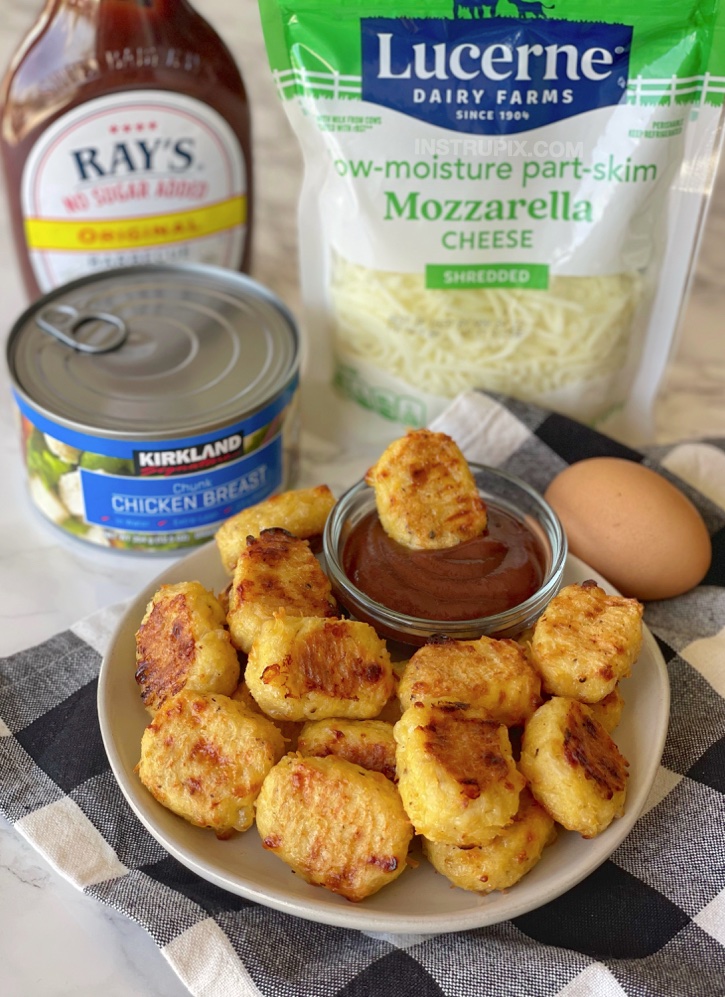 Easy Oven Baked Chicken Nuggets... using canned chicken! This recipe is so simple and naturally keto friendly thanks to just a few simple ingredients including egg, parmesan and mozzarella cheese. 