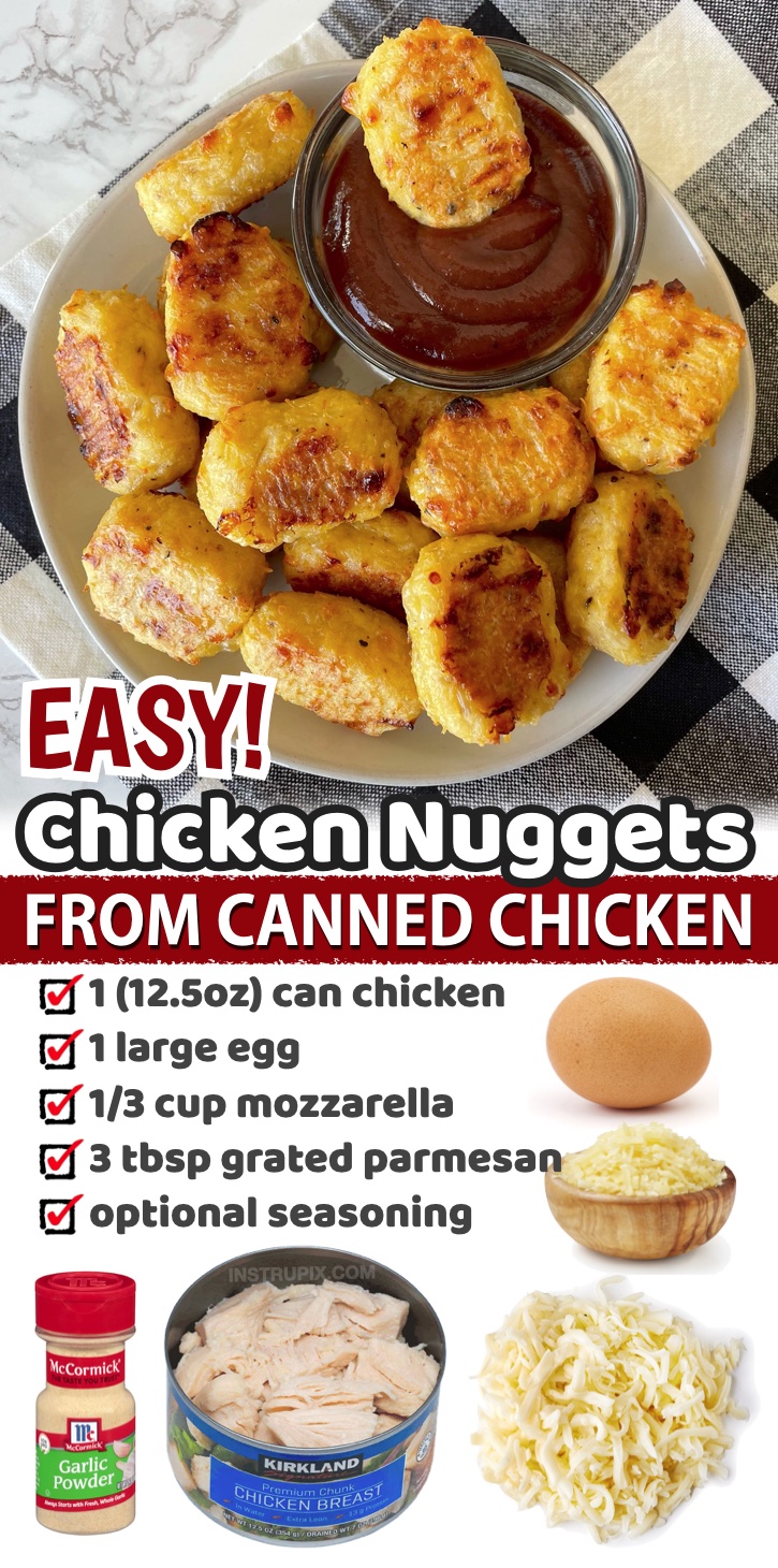 Easy Keto Chicken Nuggets | Quick to make in your oven with canned chicken! This recipe is also naturally low carb, keto friendly, and gluten free! They turn out super delicious and crispy. Even my kids love them! These are great for snacking or even for a simple meal with a side of veggies or salad. Serve with your favorite sugar free dipping sauce.