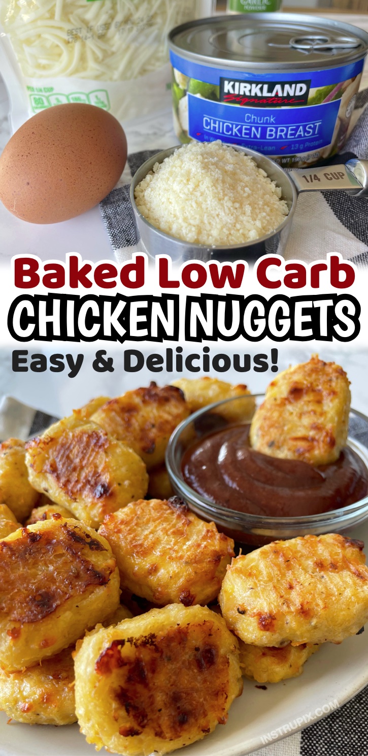 Keto Chicken Nuggets (Oven Baked & Low Carb Recipe)... using canned chicken! These cheesy chicken nuggets are super quick and easy to make with just a few ingredients that you probably already have at home. They're naturally low carb but super delicious. Even my picky kids love them!