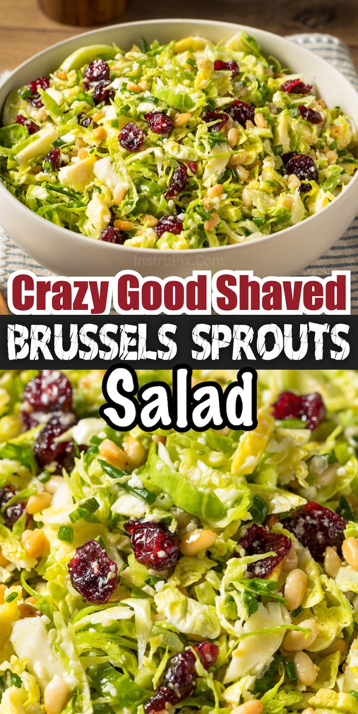 Serve this yummy Shaved Brussels Sprouts salad at your next family gathering! It's wonderful with just about any meal and it doesn't get soggy like most salads. The dressing I super easy to make with olive oil and lemon juice. Then just toss in your favorite cheese, toasted nuts, and something sweet like dried cranberries. A super versatile recipe!