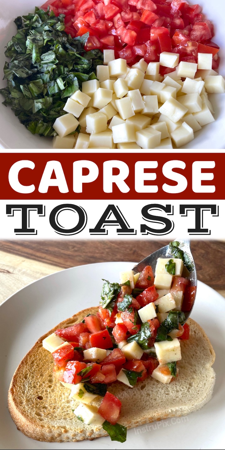 Chopped Caprese Toast | I'm always looking for quick and easy recipes to make for my family, and they love this fresh and yummy caprese bread! My picky kids love it. There's no baking required and it's made with just a few healthy and fresh ingredients. We make this several times a year whenever basil is in season. So yummy!