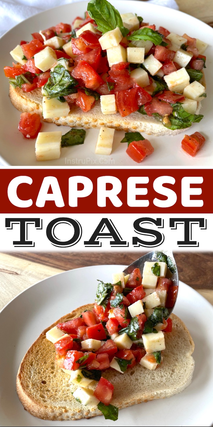 Easy No-Bake Caprese Toast Recipe | A super delicious vegetarian meal! I make these for lunch several times a month. It's perfect for at home or at work! My entire family loves it, so it's even a quick dinner idea for busy weeknights when you don't feel like cooking. 