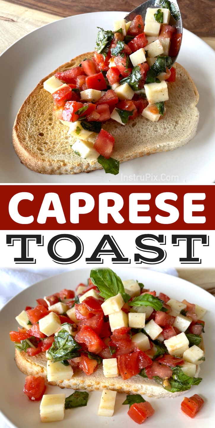 If you're looking for lunch ideas for work or home, you've got to try making this caprese toast! It's absolutely delicious and made with fresh ingredients including mozzarella, tomatoes, fresh basil and olive oil. Serve with your favorite bread! My kids love it, too. I make it often on the weekends for lunch. This also makes for a wonderful appetizer. Just serve with a sliced baguette. 