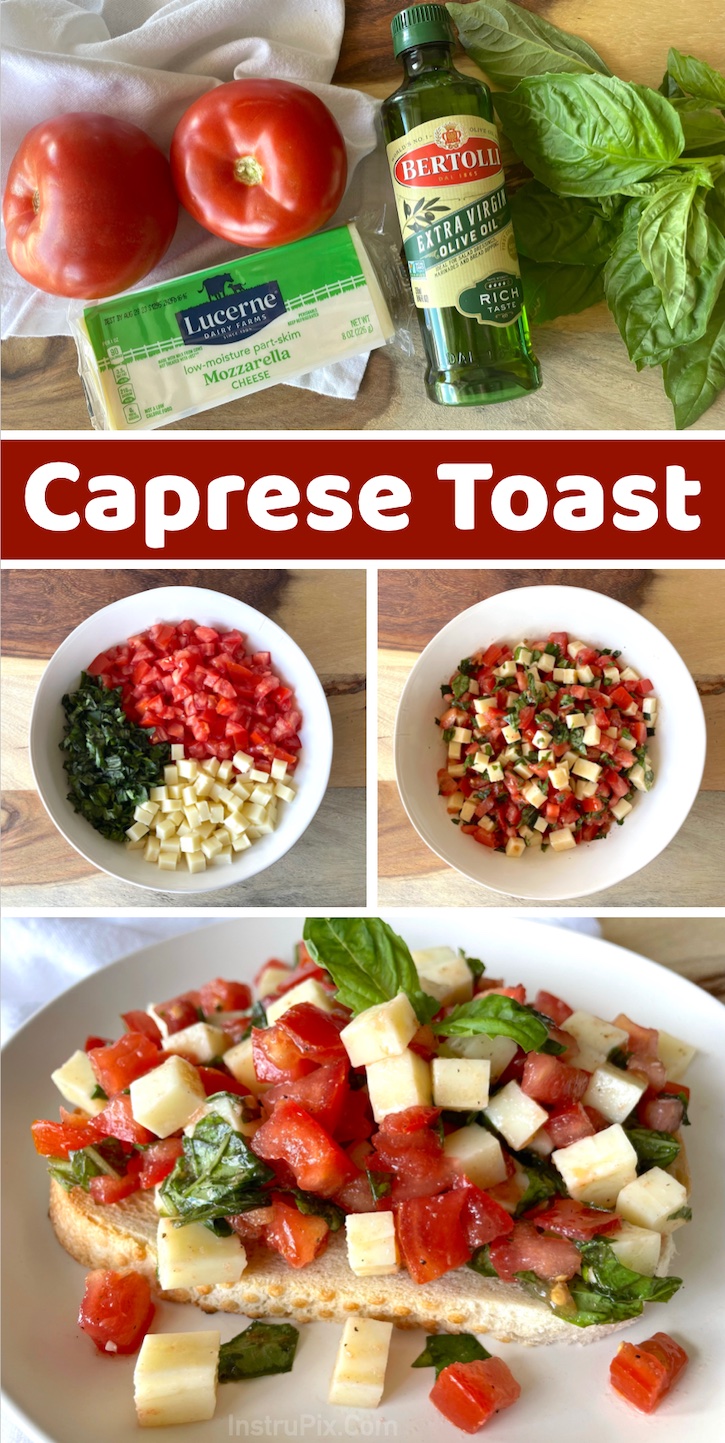Chopped Caprese Toast | A fun and easy lunch or light dinner idea! My entire family loves this recipe. My daughter goes crazy for it! Super simple to make with just a few ingredients including tomatoes, mozzarella cheese, fresh basil and extra virgin olive oil. 